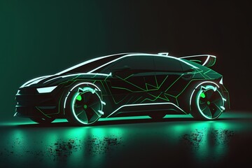 Poster - Car with neon lights on a dark background, side view. Sports car, futuristic autonomous vehicle. HUD car. Generative AI
