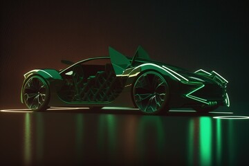 Poster - Car with neon lights on a dark background, side view. Sports car, futuristic autonomous vehicle. HUD car. Generative AI