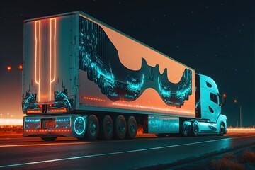 Poster - A large cargo vehicle is driving on a night road, side view. Sports car, futuristic autonomous vehicle. HUD car. Generative AI