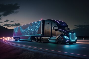 Poster - A large cargo vehicle is driving on a night road, side view. Sports car, futuristic autonomous vehicle. HUD car. Generative AI