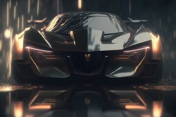 Poster - Car is driving through the city, front view. Sports car, futuristic autonomous vehicle. HUD car. Generative AI