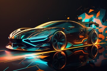 Fototapete - The car stands in a parking lot in neon lighting, side view. Sports car, futuristic autonomous vehicle. HUD car. Generative AI