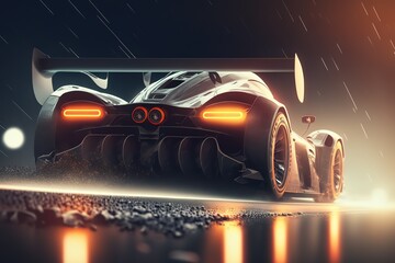 Poster - The car rides through the night city, rear view. Sports car, futuristic autonomous vehicle. HUD car. Generative AI