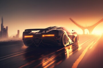 Poster - Car is driving through the city, back view. Sports car, futuristic autonomous vehicle. HUD car. Generative AI