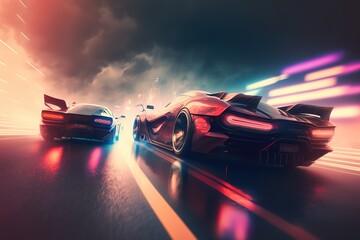 Fototapete - ?ars on a r track in the city, rear view. Sports car, futuristic autonomous vehicle. HUD car. Generative AI