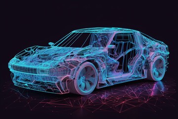 Fototapete - Hologram auto on a dark background, side view. Sports car, futuristic autonomous vehicle. HUD car. Generative AI