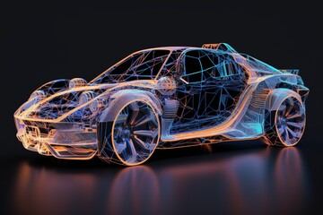 Poster - Hologram auto on a dark background, side view. Sports car, futuristic autonomous vehicle. HUD car. Generative AI