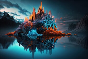 Poster - Beautiful solidified multi-colored lava at the peak of a mountain in a sea bay. Generative AI