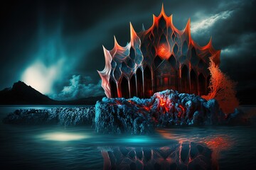 Poster - A beautiful palace in a fiery glow on the shore of a reservoir under the night sky. Generative AI