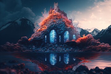 Poster - Beautiful solidified multi-colored lava on a stone building with arches on a stone seashore. Generative AI