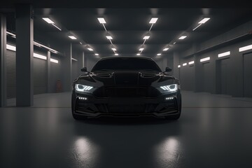 Fototapete - Stylish car stands in the garage, front view. Sports car, futuristic autonomous vehicle. HUD car. Generative AI