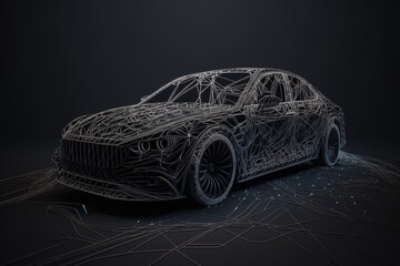 Poster - Car in graphic neon lines on a black background, side view. Sports car, futuristic autonomous vehicle. HUD car. Generative AI