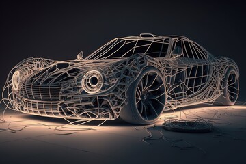 Poster - Car with neon lights on a dark background, side view. Sports car, futuristic autonomous vehicle. HUD car. Generative AI
