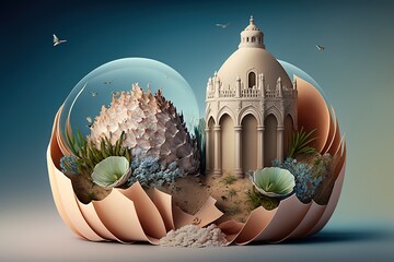 Poster - Cute castle in an open shell. Generative AI