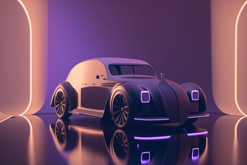 Fototapete - Retro car stands in purple neon light, side view. Sports car, futuristic autonomous vehicle. HUD car. Generative AI