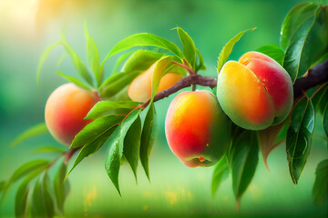 Wall Mural - Ripe peaches on a branch with leaves in the garden. Generative AI
