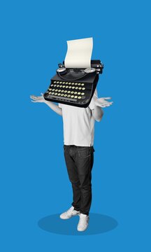 Collage ofperson writer author with typewriter on head