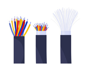 Poster - Fiber optic cables vector illustrations for equipment set. Cartoon drawings of electric wires for appliances, tools. Technology, network, Internet, connection, telecommunication concept