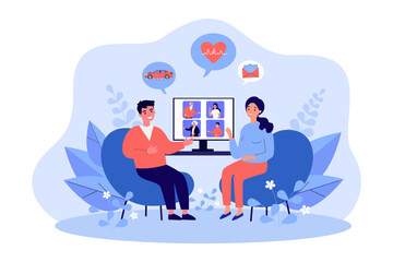 Poster - couple talking to family via computer vector illustration. cartoon drawing of man and woman chatting