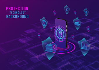 Fototapete - 3d Abstract Technology Background Protection and security system for data access internet, banking, cloud, wifi, finance With a mobile phone screen fingerprint scanning, the circle glows below.