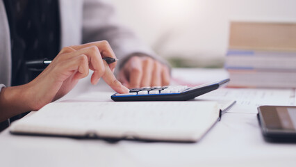 Poster - Calculator, accounting and hands of a woman writing in notebook for business budget, investment or planning. Accountant person with pen for tax list on profit, financial goals or income on a desk