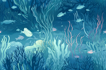 tile. seamless background. Seamless pattern with hand drawn underwater world. Generative AI