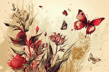 Wall Mural - Spring flowers and butterflies above them. Beautiful, minimalist print for your decor for postcard, congratulations and poster. Generative AI