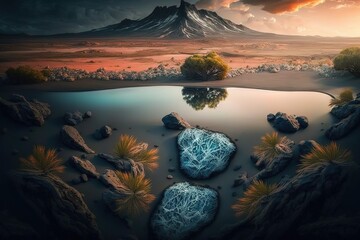 Poster - Landscape of a mountain valley, with a pond at sunset. Generative AI