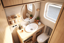 Composition Of A Camper Van Bathroom In Knolling Style. Van Life. 