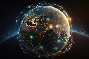 Aufkleber - An abstraction of a global worldwide telecommunications network with nodes connected all over the Earth.Generative AI