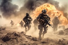 Illustration Of Soldiers On A Mission Running Through A Hot And Dusty Desert Terrain, Generative AI
