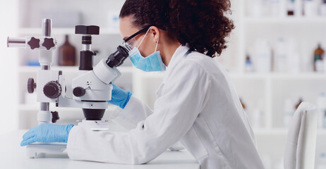 Wall Mural - microscope, healthcare and woman scientist in a lab for science, medicine and data analysis. laborat