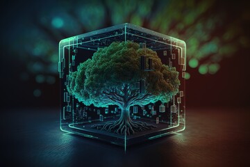 Fototapete - A tree growing on a digital cube, green technologies.Generative AI