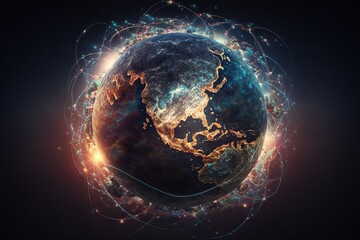 an abstraction of a global worldwide telecommunications network with nodes connected all over the ea