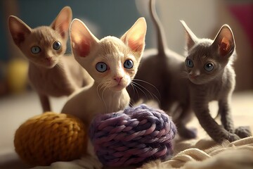 Wall Mural - cute kittens are playing with a ball of thread in the room. generative ai
