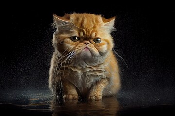 Wall Mural - funny cat with wet fur and a grumpy face. generative ai