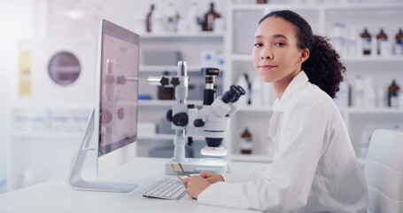 Wall Mural - computer, research and portrait of woman in laboratory for science, pharmacy and medical. healthcare