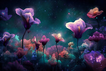 Abstract Fantasy Space Plants And Glowing Flowers. Extraterrestrial Galaxy Background With Unusual Magical Nature, Game Or Fairy Tale Beautiful Scene. Deep Space Stars AI Illustration For Wallpaper.
