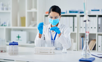 Poster - Covid, science and research with a woman in laboratory for innovation or modern medical breakthrough. Healthcare, medicine and vaccine with a female scientist working in a lab for cure development
