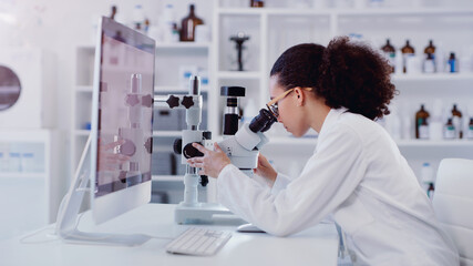 Wall Mural - science, computer and microscope with woman in laboratory for expert research, medical and planning.