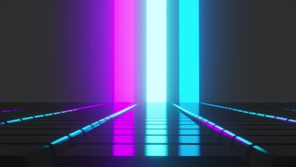 Poster - black grid cubes with colorful neon lines. computer generated 3d render