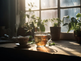 white organic green tea cup on rustic table Generative AI