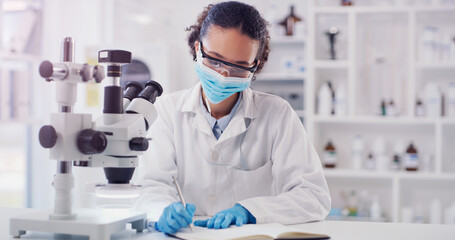 Wall Mural - scientist, woman writing and lab worker with medical research and face mask in a clinic. data work, 