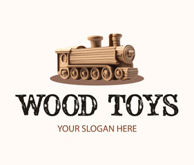 Wall Mural - Creative concept wood toys logo with 3d realistic detailed wooden locomotive. From log to train toy idea. Design for print, emblem, t-shirt, party decoration, sticker, logotype