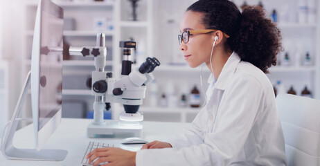 Wall Mural - computer, music and science with woman in laboratory for research, pharmacy or medical. healthcare, 