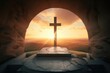 Good Friday concept: Tomb empty with cross on sunset background, Generative AI