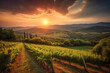 Sunset over vineyard. Generative AI
