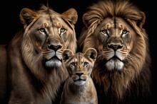 Lions Family With Cubs On Dark Background. AI Generative
