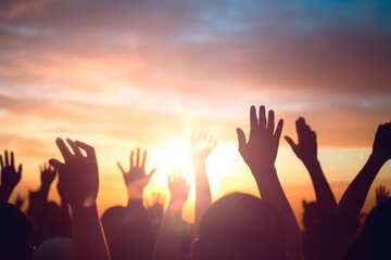 worship and praise concept: christian people hand rising on sunset background, generative ai