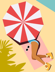 Wall Mural - vector image on the theme of summer holidays and tropical holidays. young bright beautiful girl is resting on the beach near the sea or ocean. tanned female legs that stick out from under the umbrella